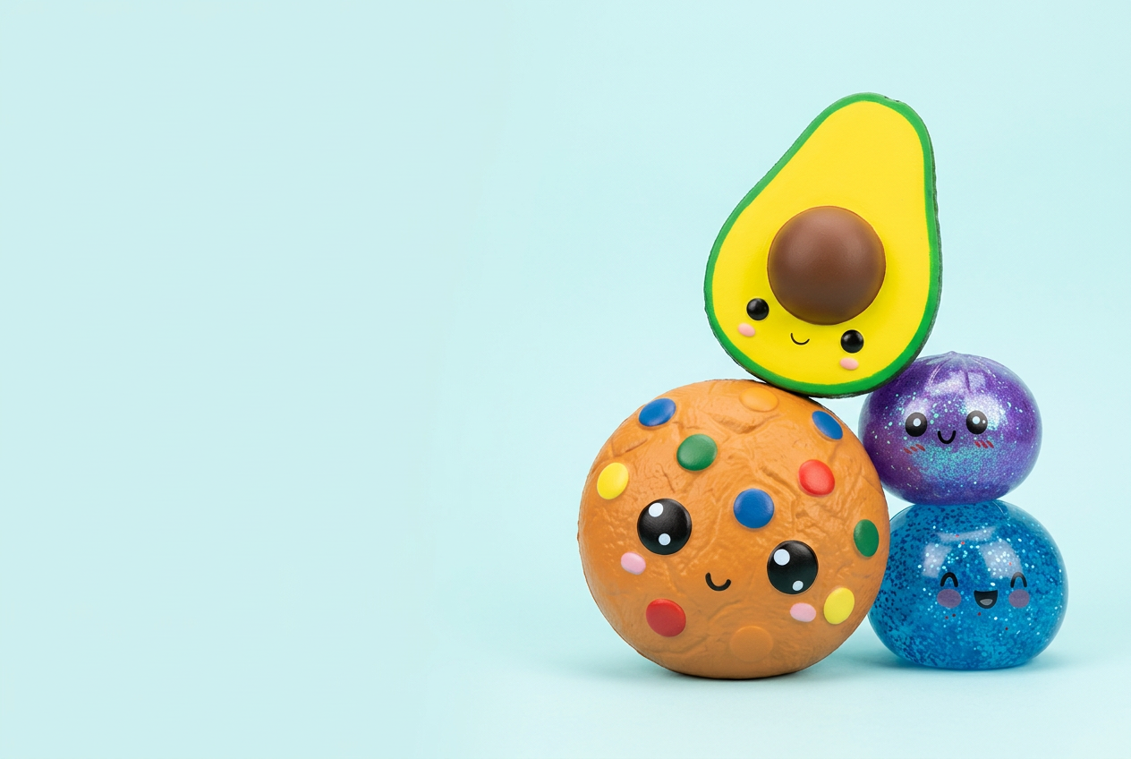 Squishies cookie, avocat et boules pailletées